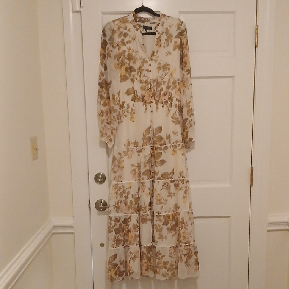 1. State Cream and Brown Floral Long Sleeve Dress